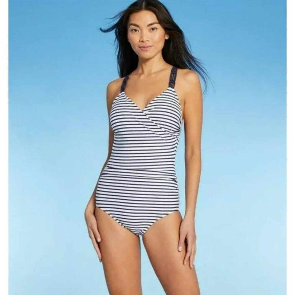Kona Sol Women Medium Shirred Macrame Strap One Piece Swimsuit Blue White Stripe